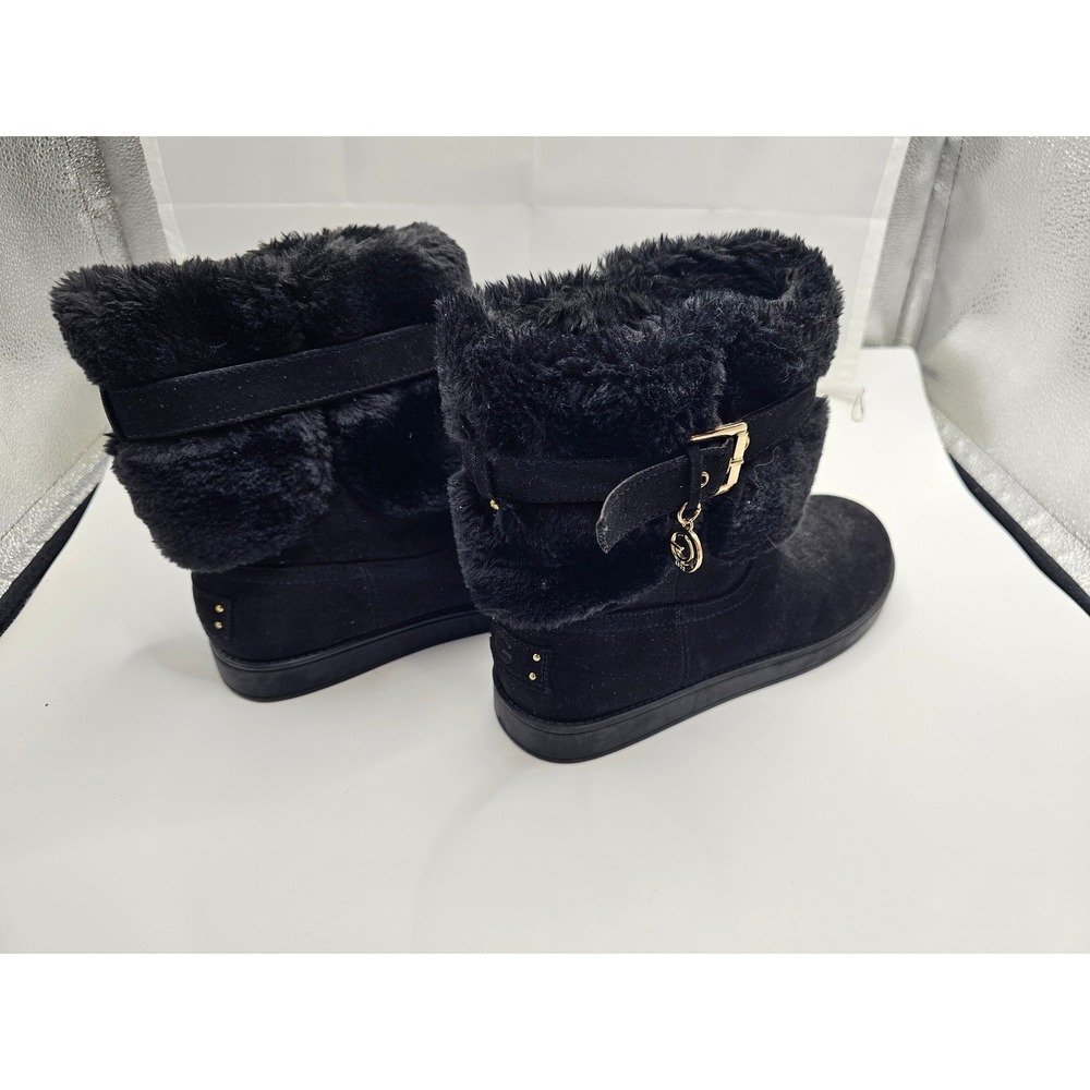 G by GUESS Women Black Faux Suede Fur Trim Buckle Mid Calf Boots Size 7M